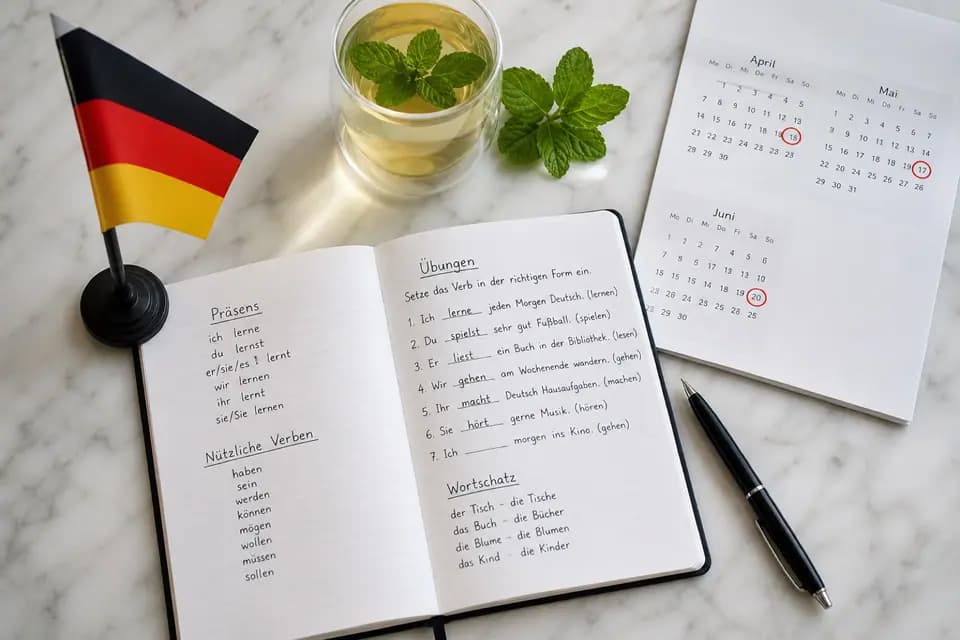 Cahier d'exercices d'allemand ouvert (conjugaisons, vocabulaire), petit drapeau allemand, calendrier de trois mois annoté et verre de thé à la menthe