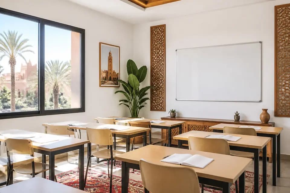 Salle de classe lumineuse avec tableau blanc, tables en bois, panneaux de moucharabieh et fenêtre donnant sur des palmiers