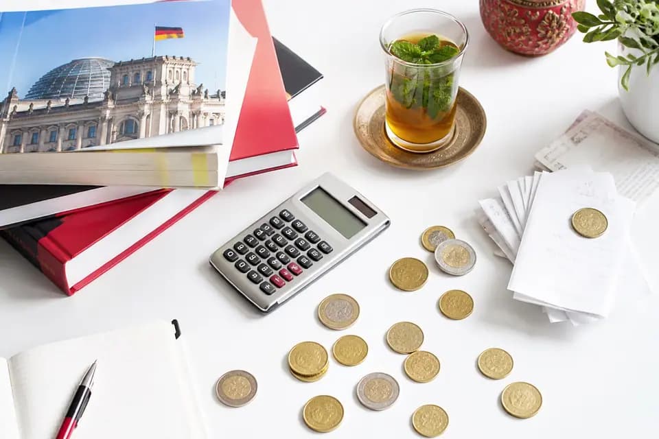 Calculatrice, pièces de monnaie, reçus et livres d'allemand, dont une photo du Reichstag, autour d'un verre de thé à la menthe