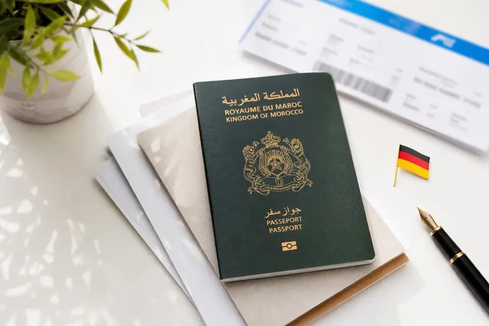 Passeport marocain posé sur une pile de documents, avec un billet d'avion, un petit drapeau allemand et un stylo plume