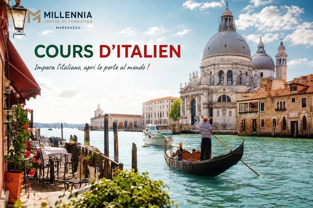 Visuel Millennia « Cours d'italien » sur le Grand Canal de Venise, avec une gondole et la basilique Santa Maria della Salute