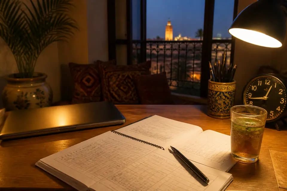 Cahier et stylo sur un bureau éclairé par une lampe, le soir, devant une fenêtre ouverte sur un minaret illuminé