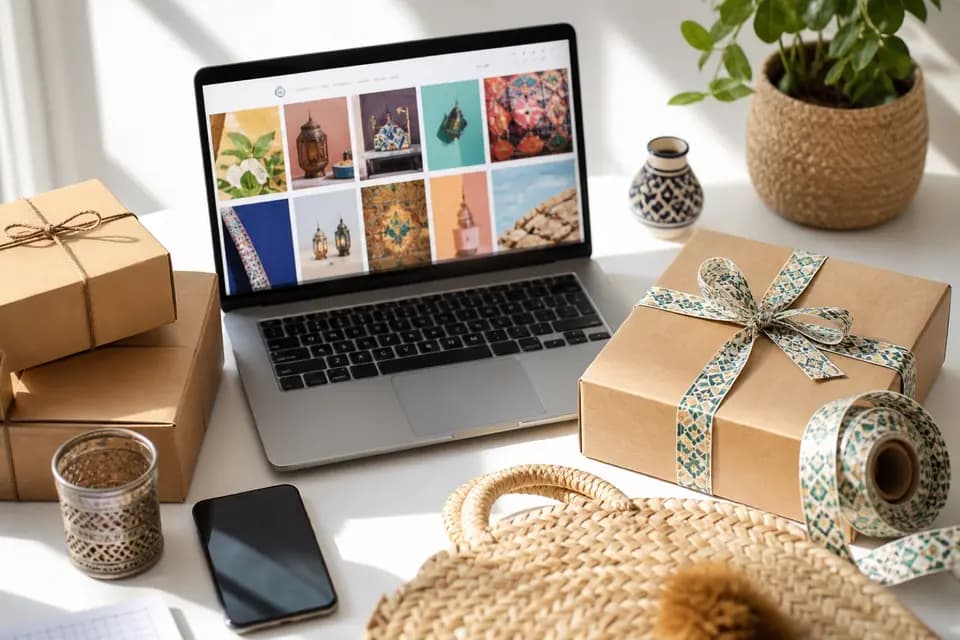 Ordinateur portable affichant une boutique en ligne d'artisanat marocain, entouré de colis en carton, d'un smartphone et d'un panier tressé