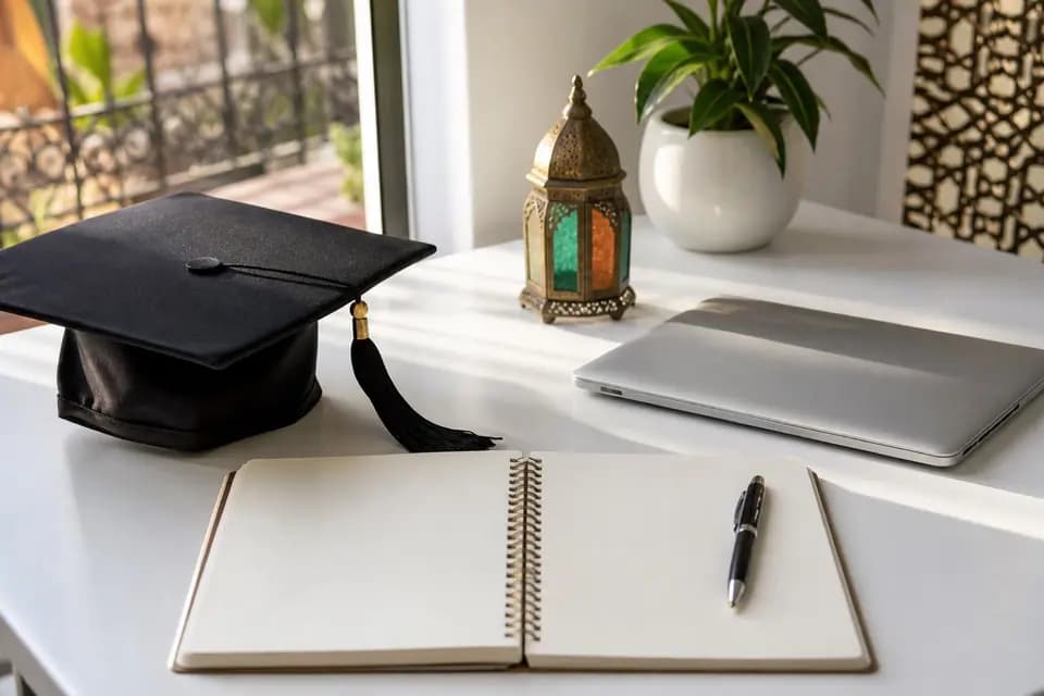 Toque de diplômé, cahier ouvert et ordinateur portable sur un bureau, à côté d'une lanterne marocaine