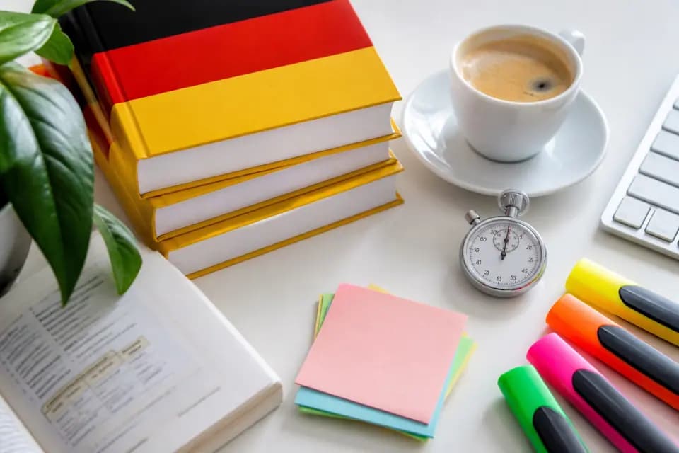 Pile de livres aux couleurs du drapeau allemand, chronomètre, tasse de café, post-it et surligneurs sur un bureau