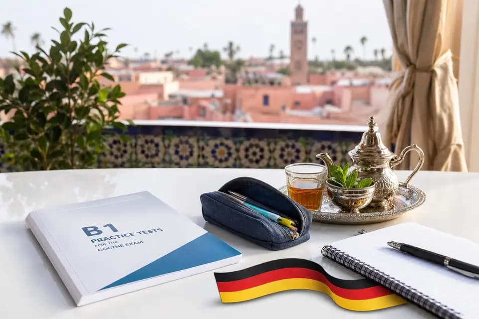 Livret « B1 Practice Tests for the Goethe Exam », trousse et théière marocaine sur une table en terrasse, avec vue sur la médina de Marrakech