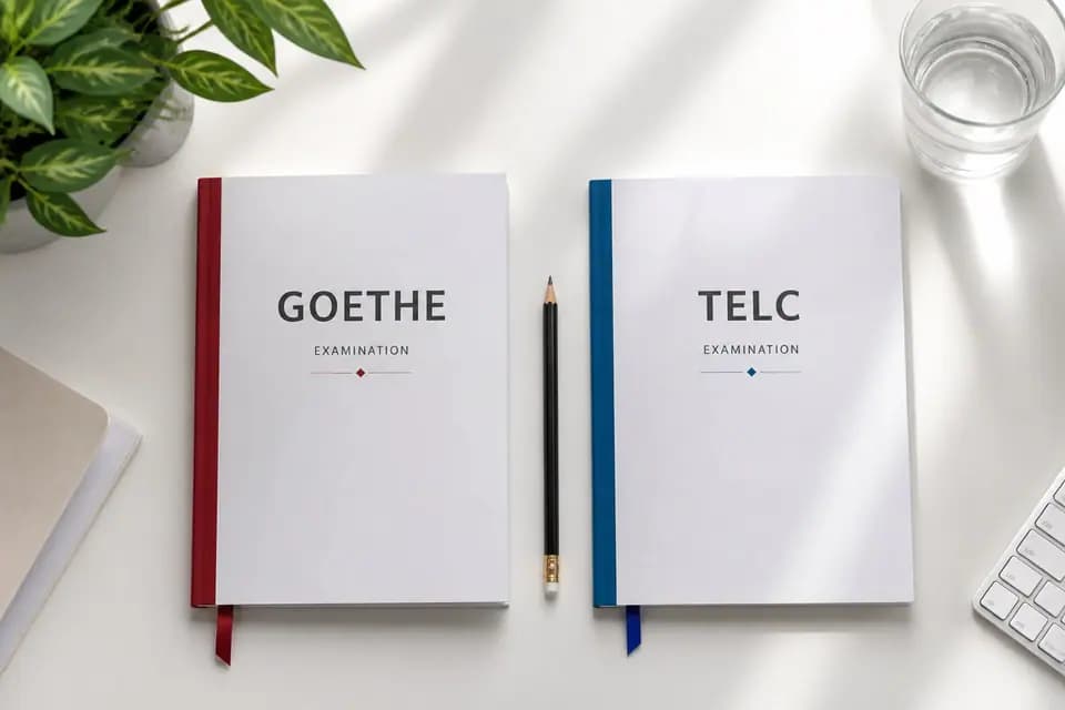 Deux livrets d'examen côte à côte, « Goethe Examination » et « TELC Examination », séparés par un crayon