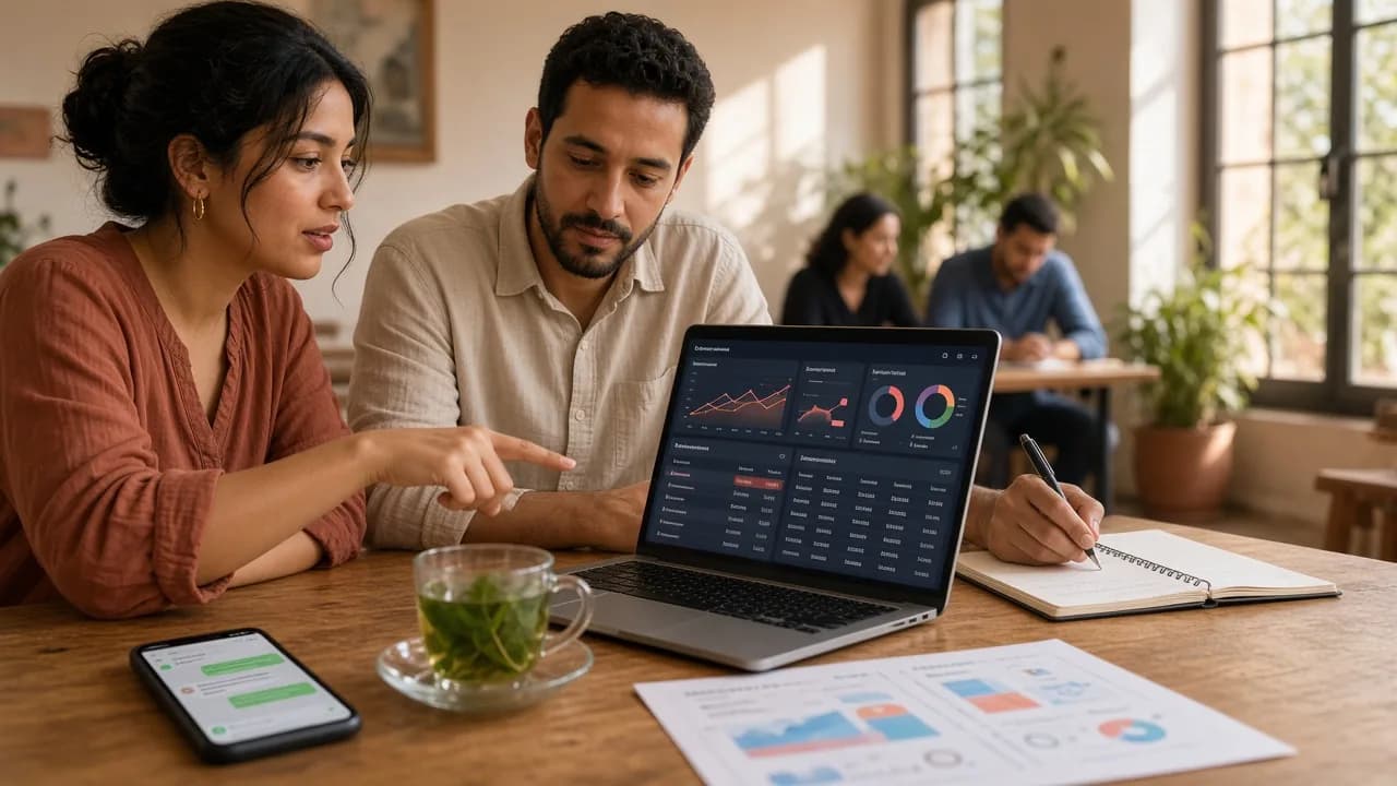 Deux personnes analysent des tableaux de bord publicitaires sur un ordinateur portable dans un espace de travail partagé, avec un smartphone et un thé à la menthe