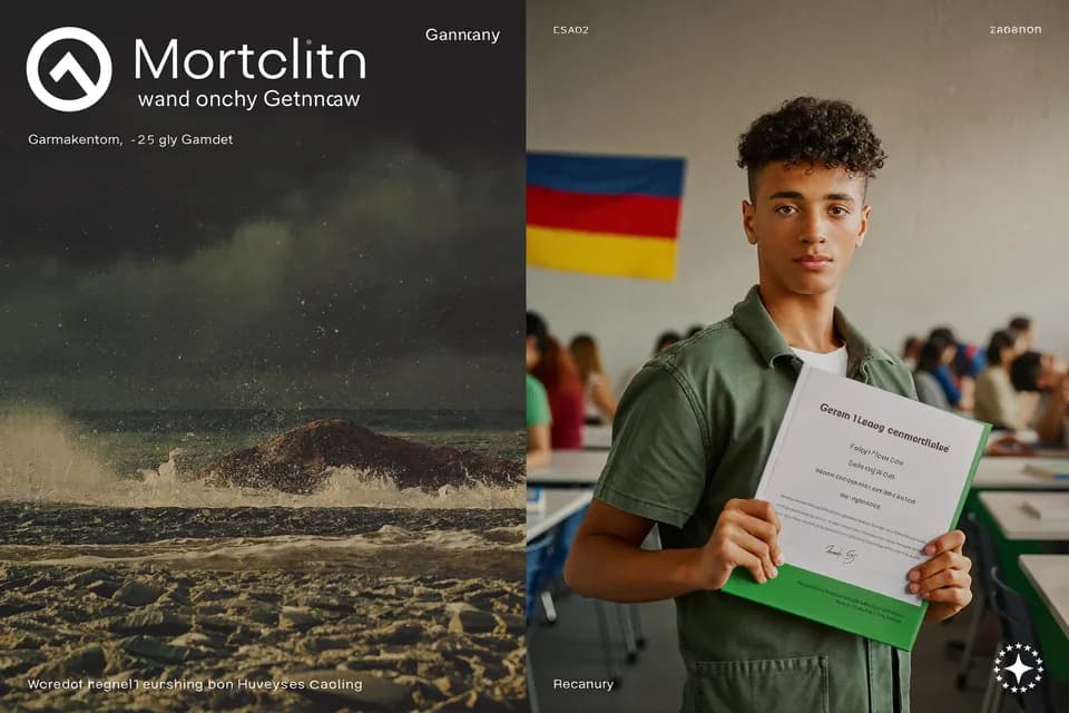 Diptyque : une mer déchaînée à gauche ; à droite, un jeune homme tenant un certificat dans une salle de classe devant un drapeau allemand