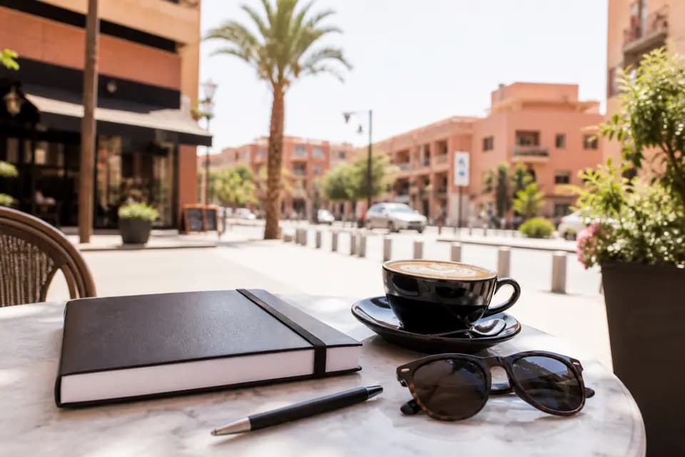 Carnet, stylo, café et lunettes de soleil sur une table de terrasse, devant une avenue aux façades ocre bordée de palmiers