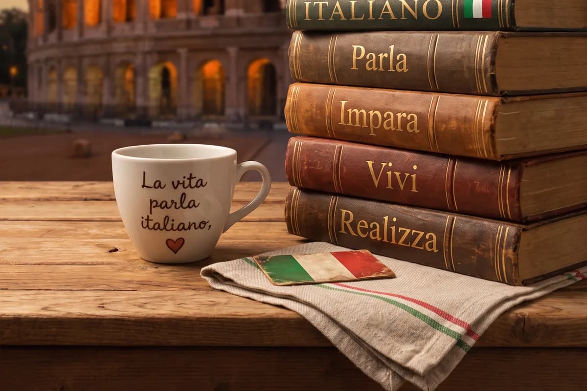 Tasse « La vita parla italiano » et pile de livres anciens intitulés Parla, Impara, Vivi, Realizza, devant le Colisée au crépuscule