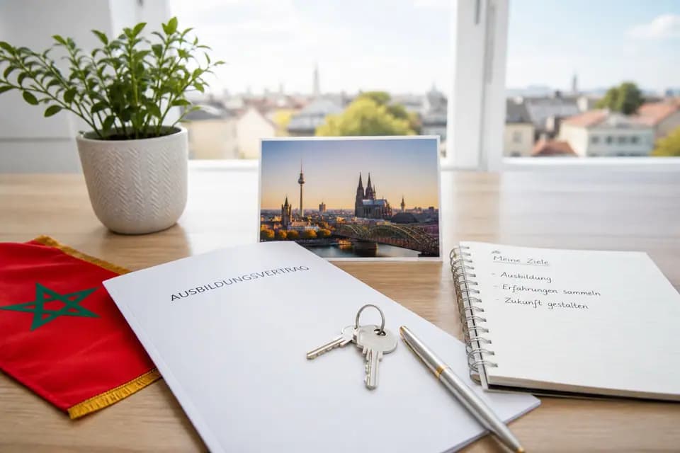 Contrat « Ausbildungsvertrag », clés, stylo, drapeau marocain et carnet d'objectifs devant une carte postale de Cologne