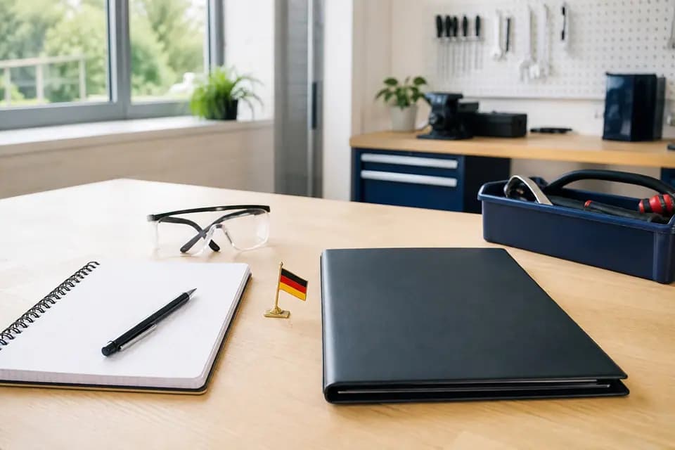 Classeur noir, bloc-notes, lunettes de protection et petit drapeau allemand sur un établi dans un atelier de formation
