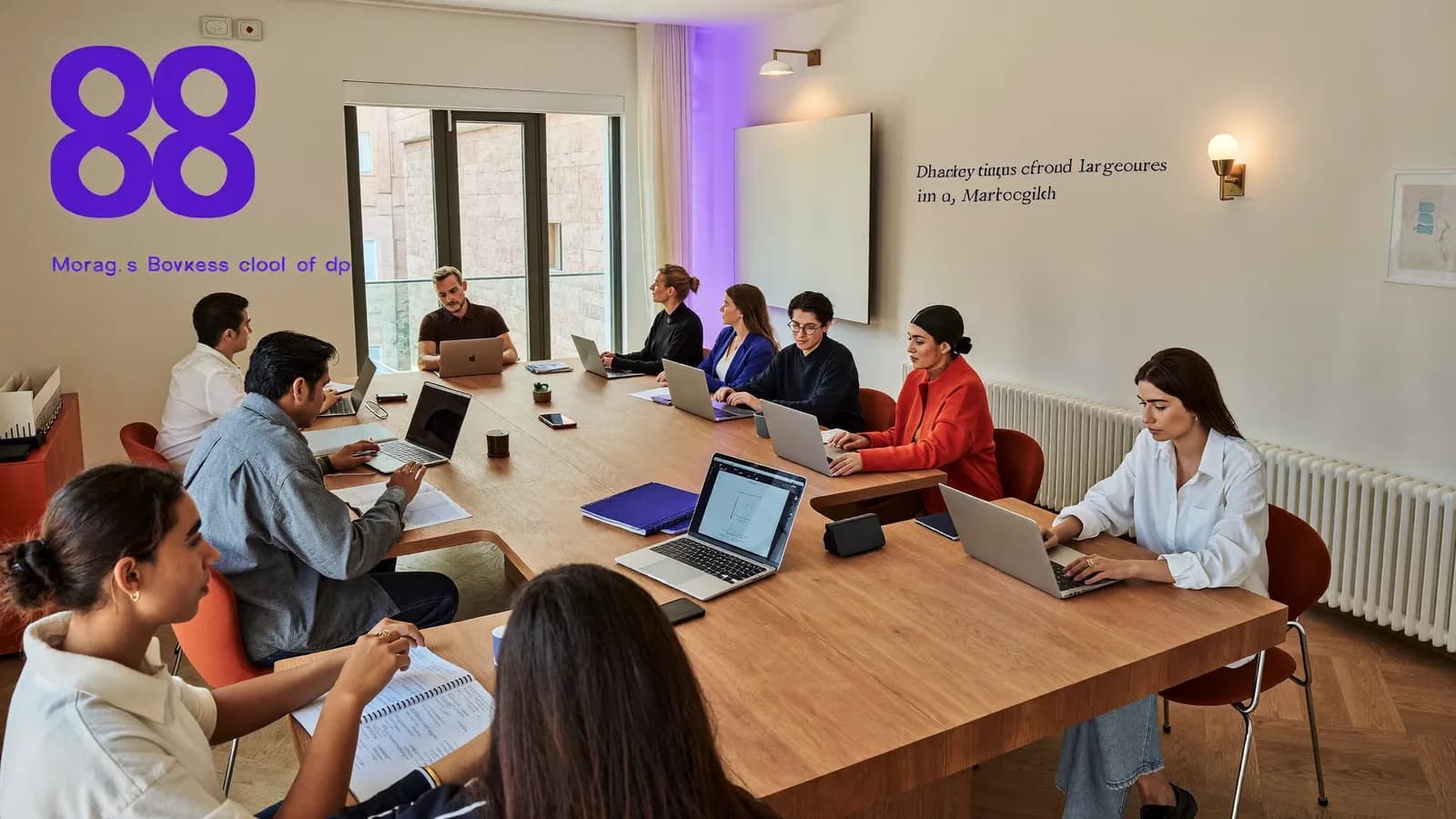 Groupe d'apprenants travaillant sur ordinateurs portables autour d'une grande table dans une salle de formation