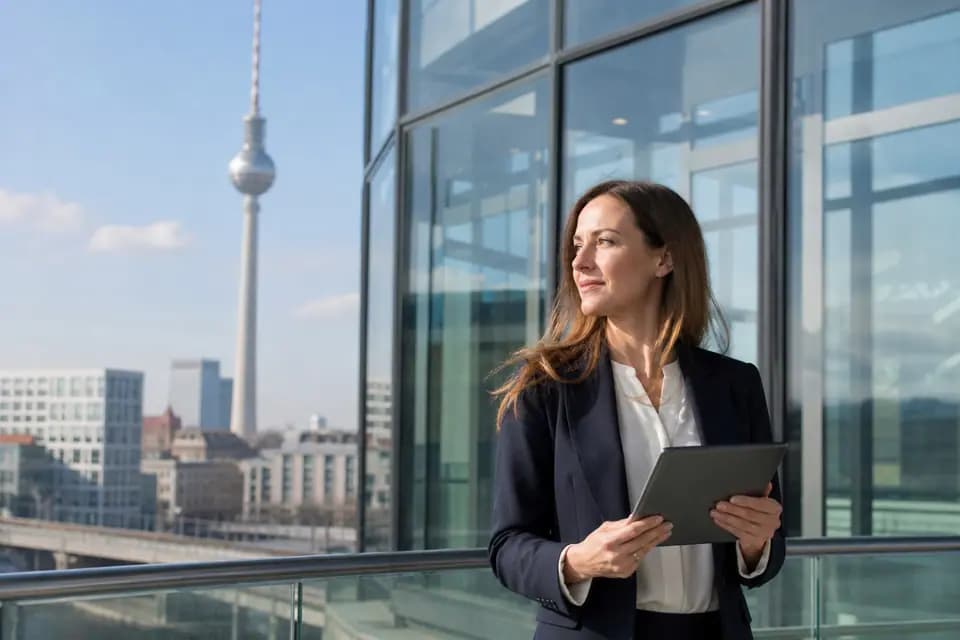 Femme en tenue professionnelle tenant une tablette sur un balcon vitré, tour de télévision de Berlin en arrière-plan