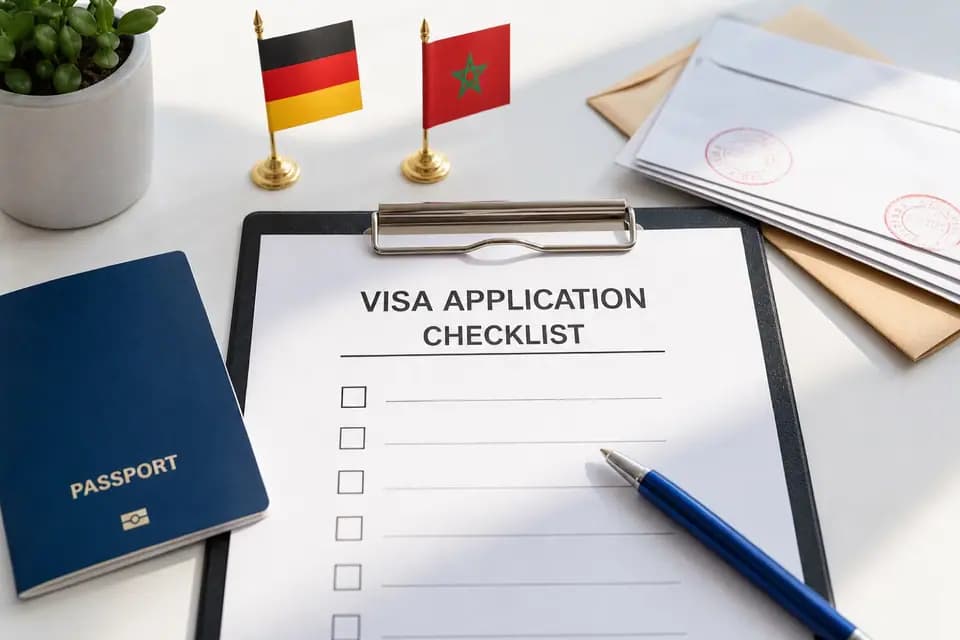 Checklist « Visa application » sur un porte-bloc, passeport, enveloppes tamponnées et petits drapeaux allemand et marocain