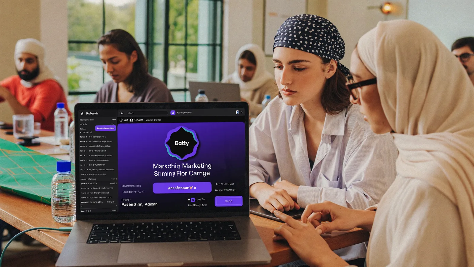 Atelier formation courte marketing digital à Marrakech : deux adultes travaillent sur un ordinateur portable